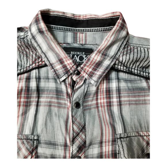 Buckle BLACK Brand Button Up Pearl Snaps Plaid Shirt Top Athletic Fit Sz XXL - Picture 8 of 12